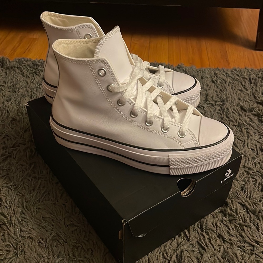 White leather platform high top converse